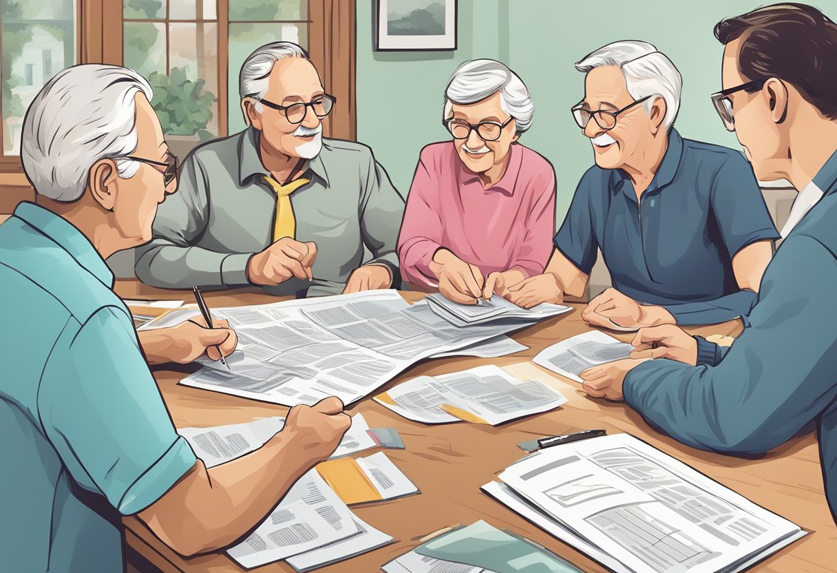 A group of elderly individuals discussing car insurance options at a table, while pointing to a brochure and comparing different policies