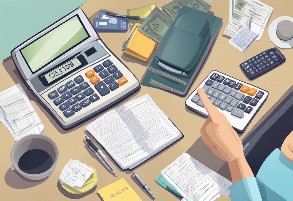 An elderly person calculating car insurance premium with a calculator and paperwork