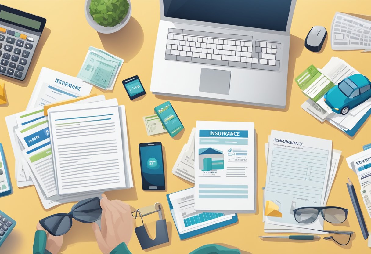 A table with various car insurance brochures and documents, a calculator, and a laptop displaying different insurance options for retirees