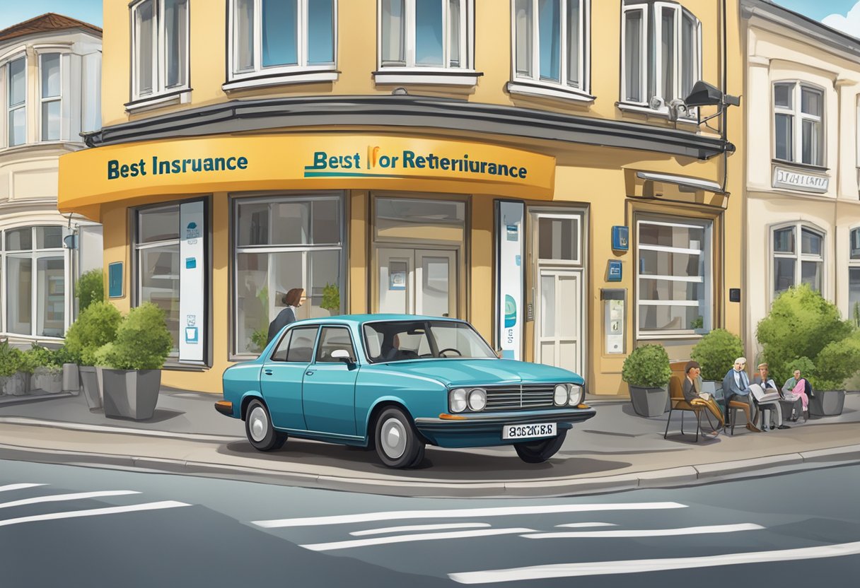 An elderly person's car parked in front of an insurance office with a sign reading "Best car insurance for retirees" in German