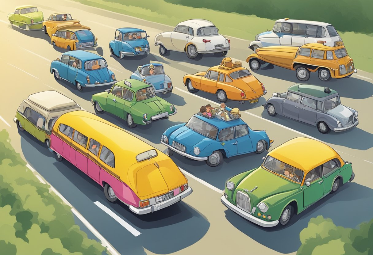 A group of vehicles with various drivers, representing different age groups and genders, are depicted in the scene to illustrate the concept of "Fahrerkreis" in KFZ-Versicherung
