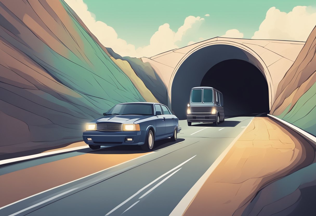 Ein Auto fährt durch einen Tunnel und wechselt zu einem anderen Fahrzeug.