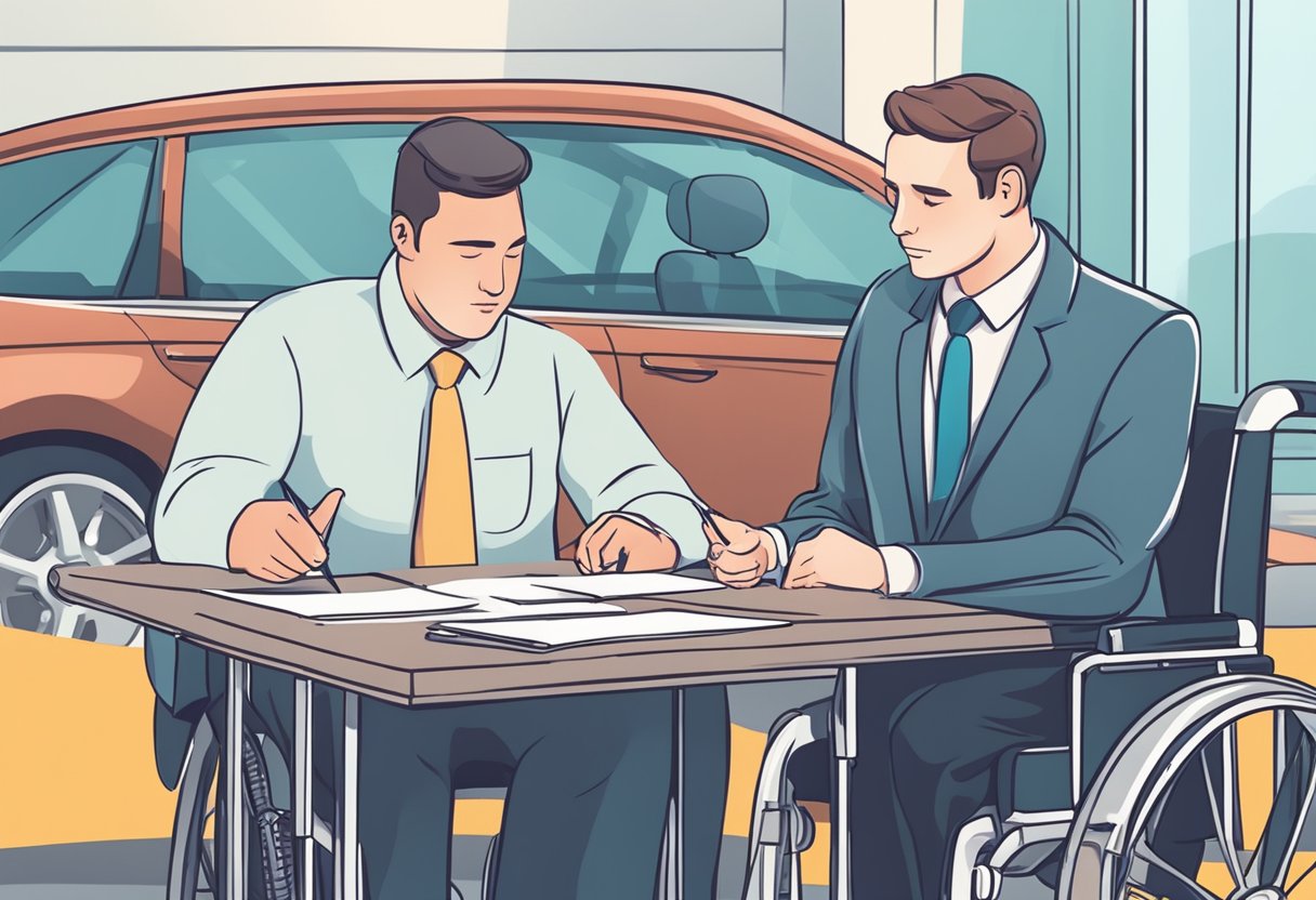 Eine Person mit einer Behinderung bespricht die Autoversicherung mit einem Agenten.