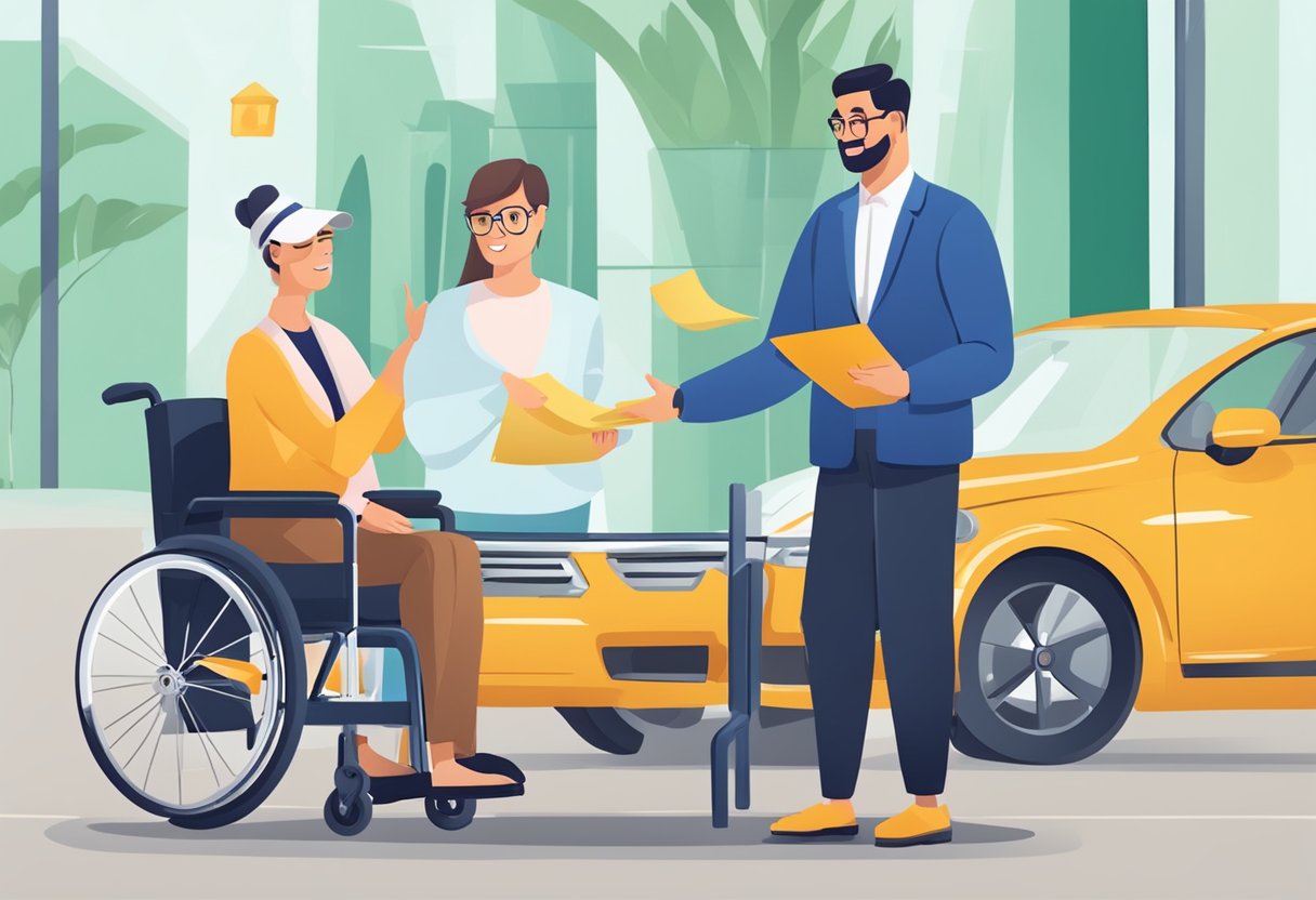 Eine Person mit einer Behinderung, die einen Rabatt auf die Autoversicherung erhält, während ein Vertreter die finanziellen Vorteile erklärt.